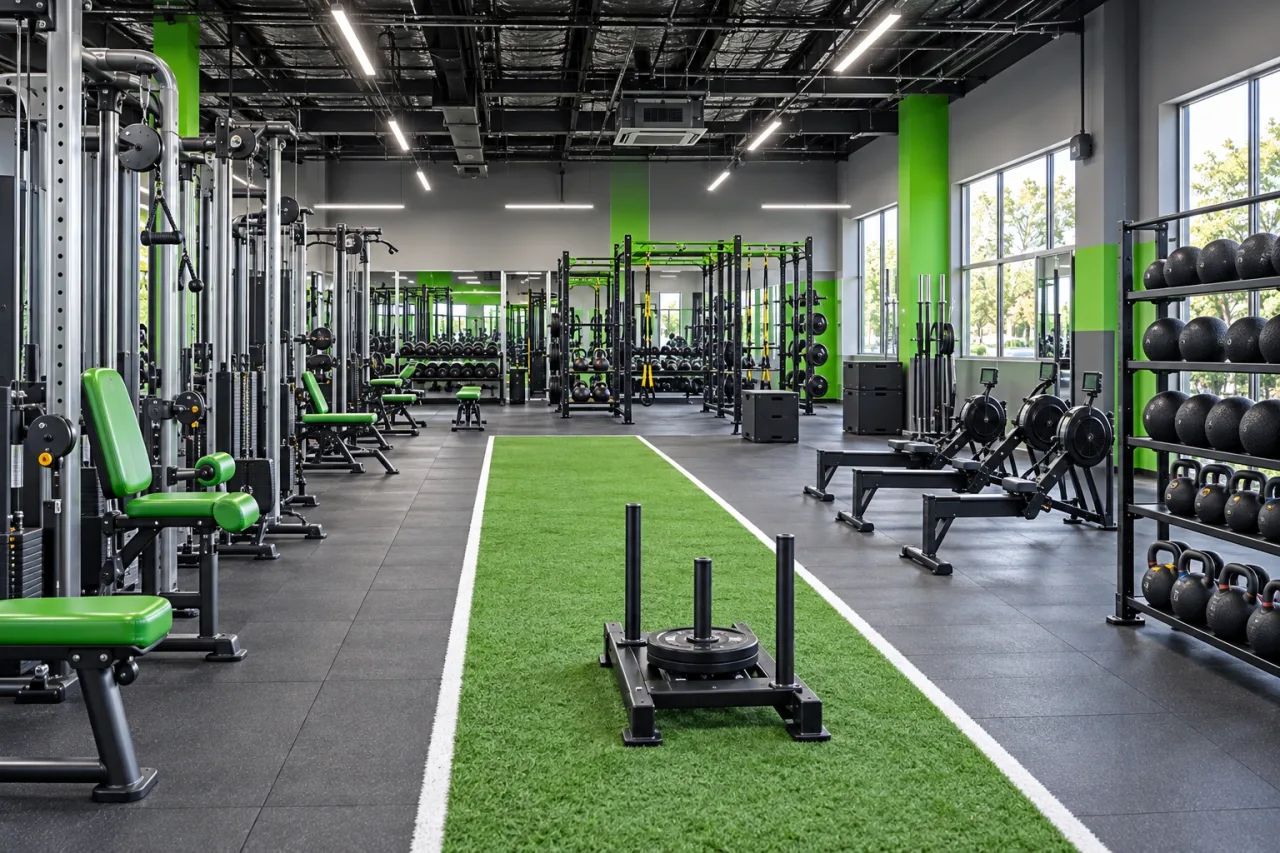 Commercial training floor with green turf, cable machines and rowing equipment